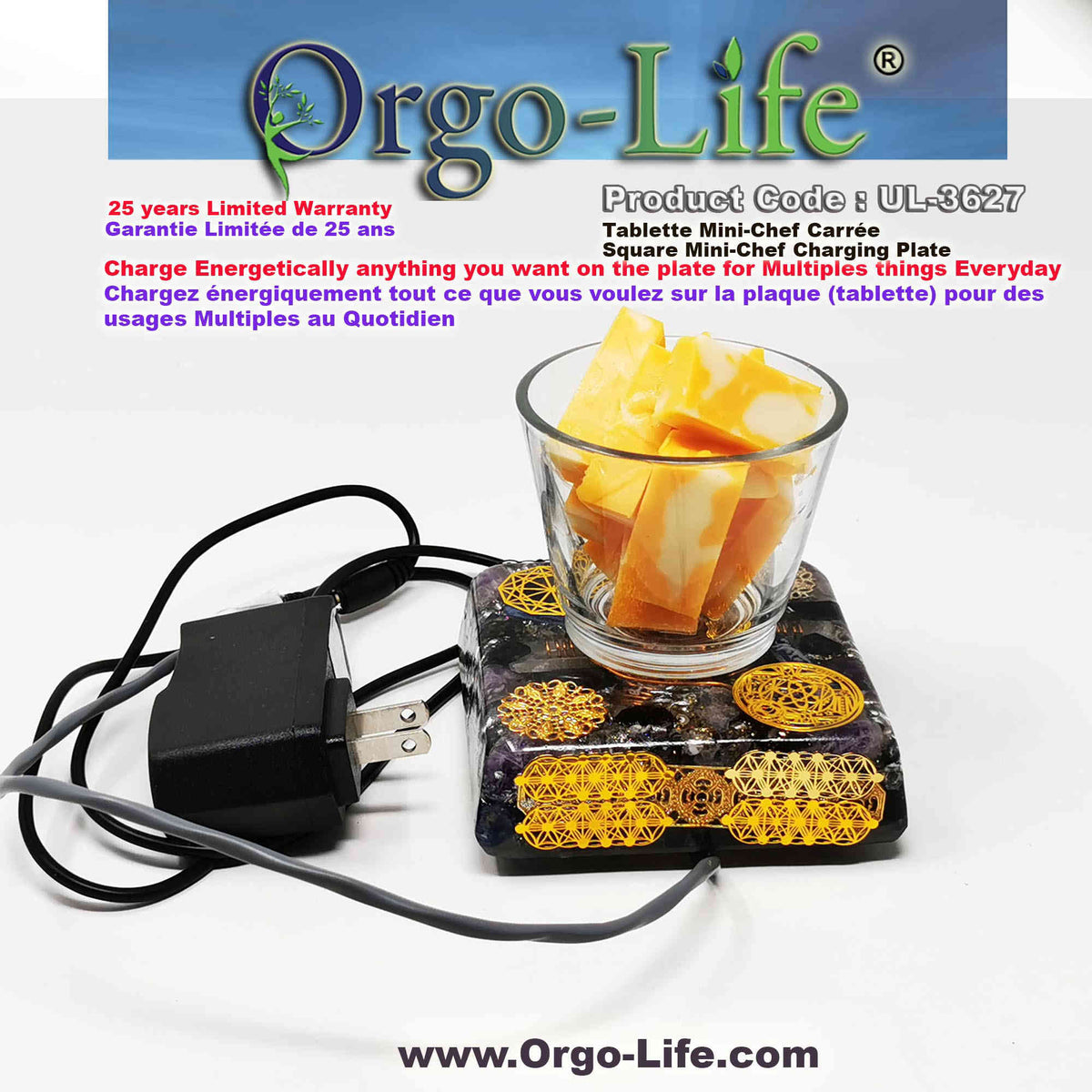 UL-3627 Orgo-life® 4-inch Square charging plate (7 Himalayan Crystals) - Portable "TRAVEL" tablet for work or everyday use. 4-inch square format, 95-130 grams of Himalayan crystals, with Orgo Technology power transformer.