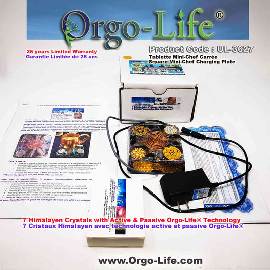 UL-3627 Orgo-life® 4-inch Square  charging plate (7 Himalayan Crystals) - Portable "TRAVEL" tablet for work or everyday use. 4-inch square format, 95-130 grams of Himalayan crystals, with Orgo Technology power transformer.