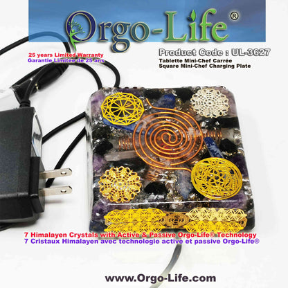 UL-3627 Orgo-life® 4-inch Square  charging plate (7 Himalayan Crystals) - Portable "TRAVEL" tablet for work or everyday use. 4-inch square format, 95-130 grams of Himalayan crystals, with Orgo Technology power transformer.