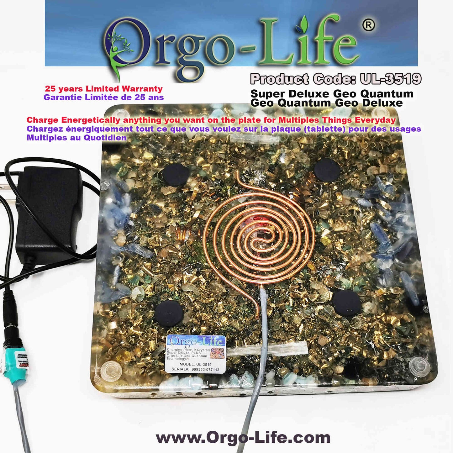 UL-3519 Plaque énergétique Geo-Quantum Orgo-Life® Cristaux Himalaya