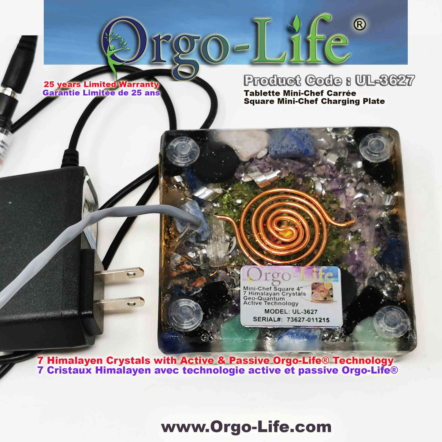 UL-3627 Orgo-life® 4-inch Square  charging plate (7 Himalayan Crystals) - Portable "TRAVEL" tablet for work or everyday use. 4-inch square format, 95-130 grams of Himalayan crystals, with Orgo Technology power transformer.