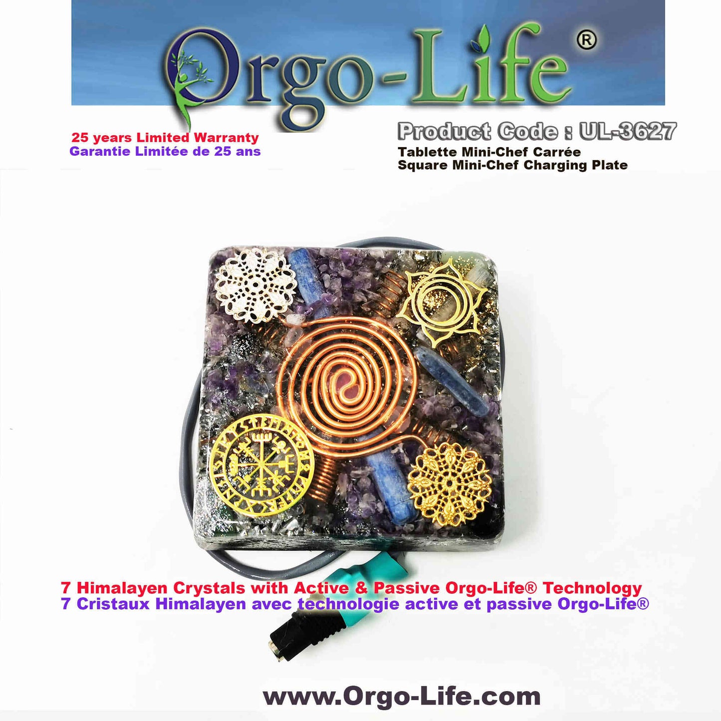 UL-3627 Orgo-life® 4-inch Square  charging plate (7 Himalayan Crystals) - Portable "TRAVEL" tablet for work or everyday use. 4-inch square format, 95-130 grams of Himalayan crystals, with Orgo Technology power transformer.