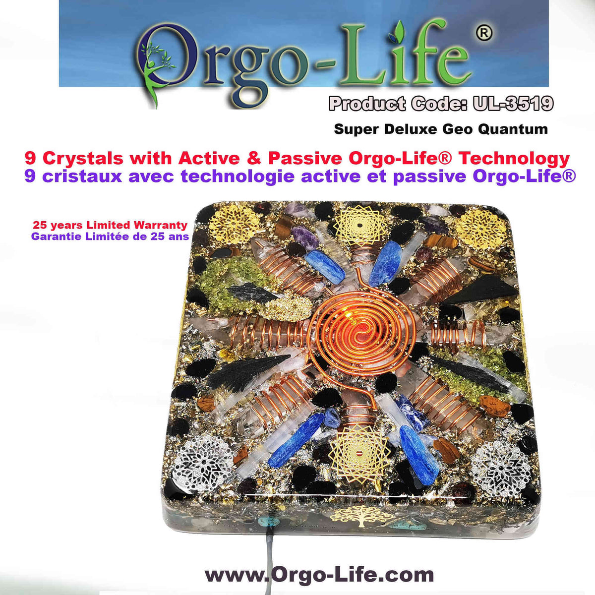UL-3519 Plaque énergétique Geo-Quantum Orgo-Life® Cristaux Himalaya