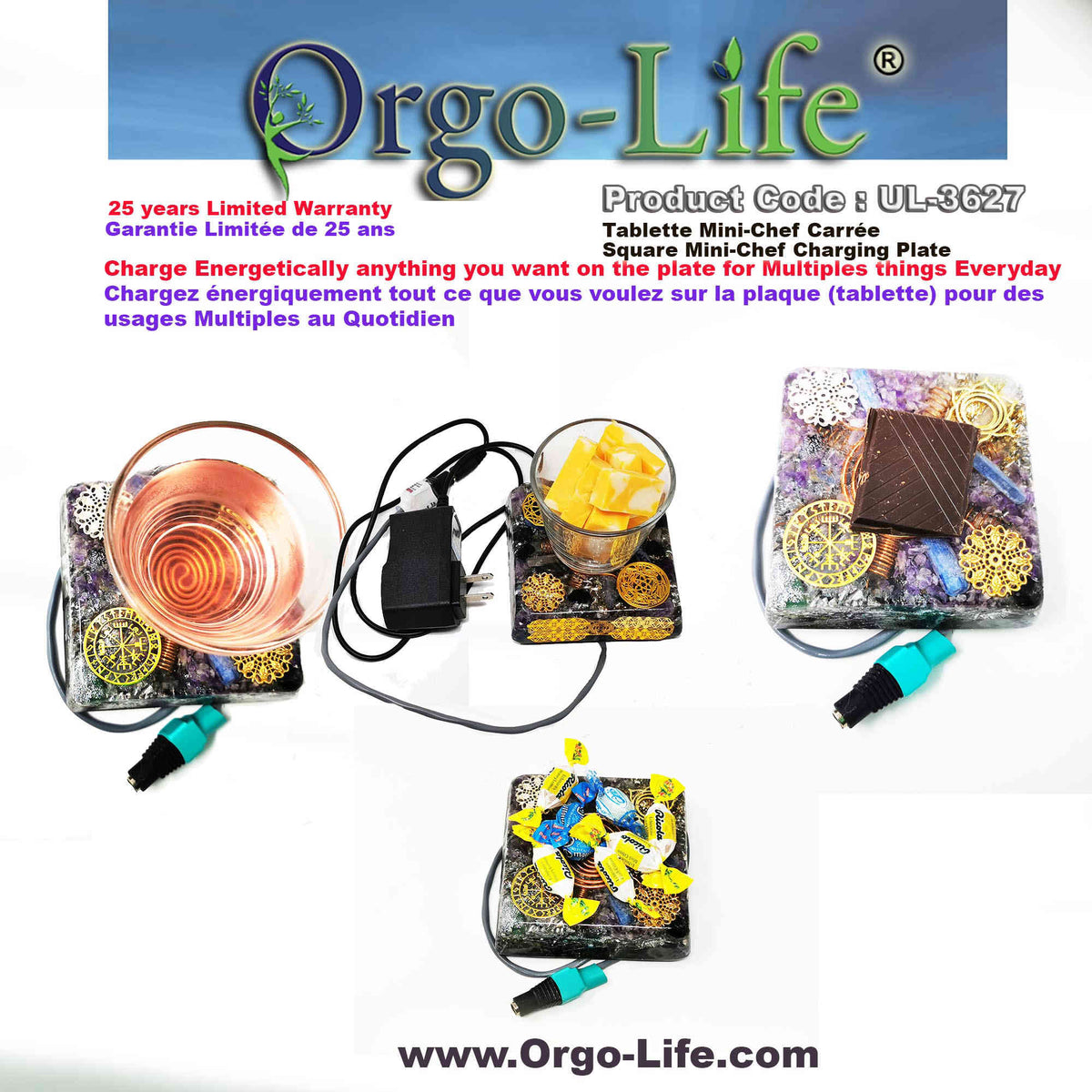 UL-3627 Orgo-life® 4-inch Square  charging plate (7 Himalayan Crystals) - Portable "TRAVEL" tablet for work or everyday use. 4-inch square format, 95-130 grams of Himalayan crystals, with Orgo Technology power transformer.