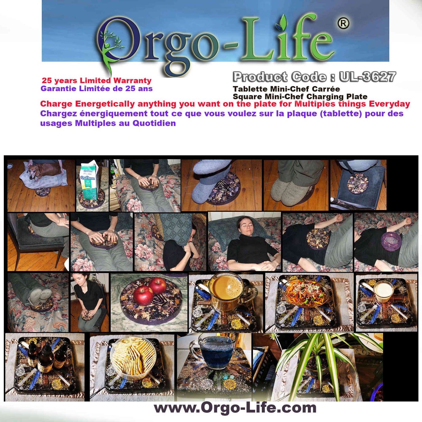 UL-3627 Orgo-life® 4-inch Square  charging plate (7 Himalayan Crystals) - Portable "TRAVEL" tablet for work or everyday use. 4-inch square format, 95-130 grams of Himalayan crystals, with Orgo Technology power transformer.