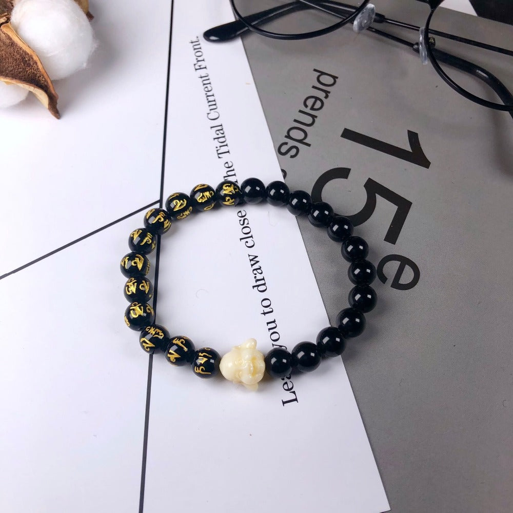 UL-8200 Orgo-Life® Bracelet Tibétain en Onyx Noir avec Bouddha Rieur