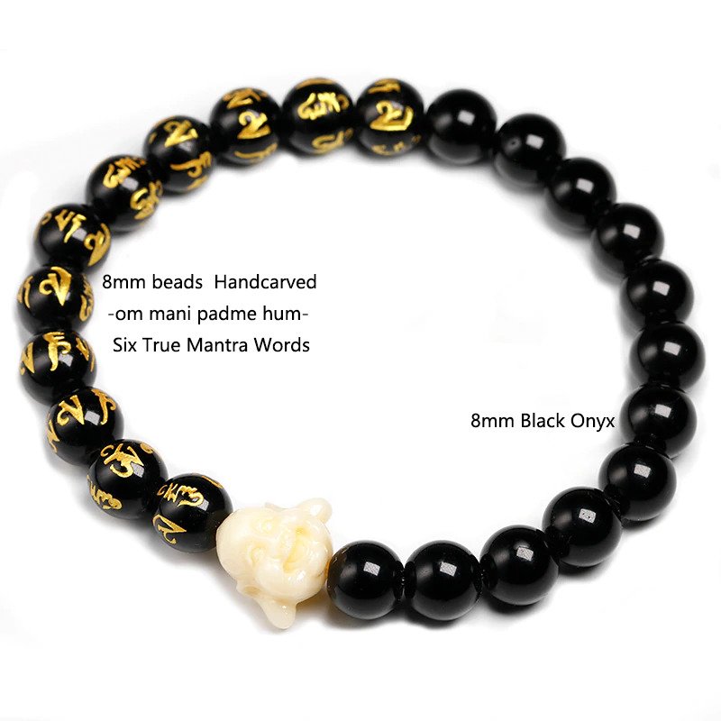 UL-8200 Orgo-Life® Bracelet Tibétain en Onyx Noir avec Bouddha Rieur