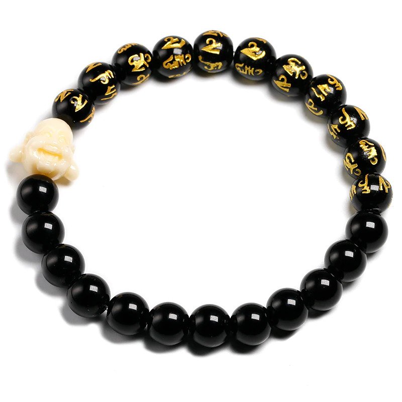 UL-8200 Orgo-Life® Bracelet Tibétain en Onyx Noir avec Bouddha Rieur